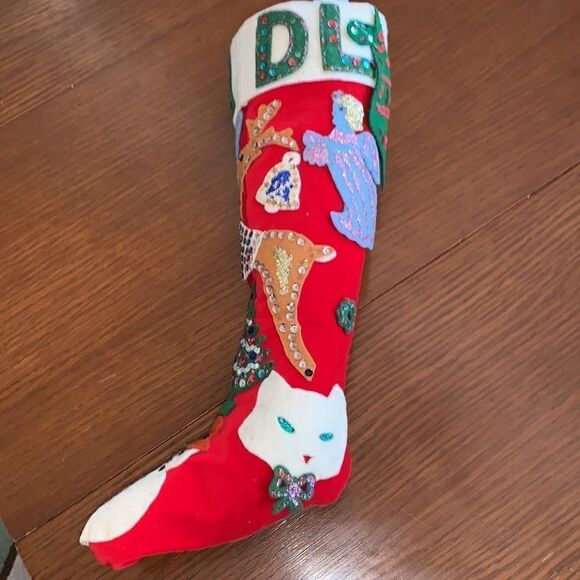 Vtg 60s large red felt hand decorated Christmas stocking - Picture 6 of 14